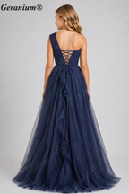 Geranium Junior Girls One-Shoulder Glitter Tulle Long Formal Dress with Cascading Ruffles KD-342