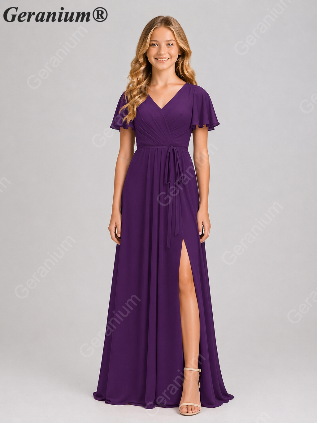 Geranium Elegant Chiffon V-Neck Flutter Sleeve Junior Bridesmaid Dress with Side Slit KD-310
