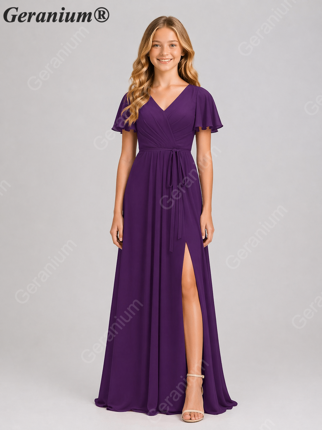 Geranium Elegant Chiffon V-Neck Flutter Sleeve Junior Bridesmaid Dress with Side Slit KD-310