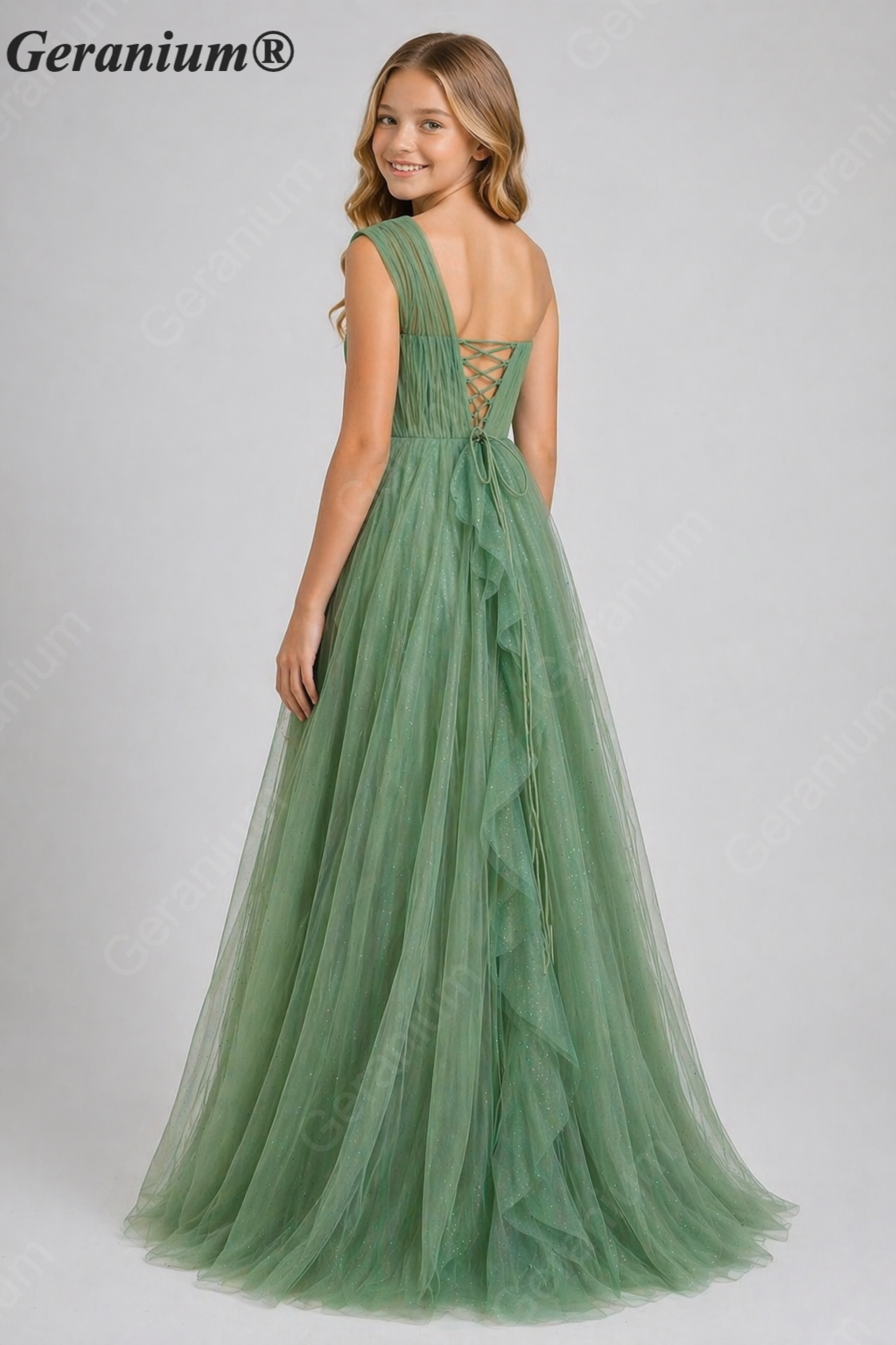 Geranium Junior Girls One-Shoulder Glitter Tulle Long Formal Dress with Cascading Ruffles KD-342