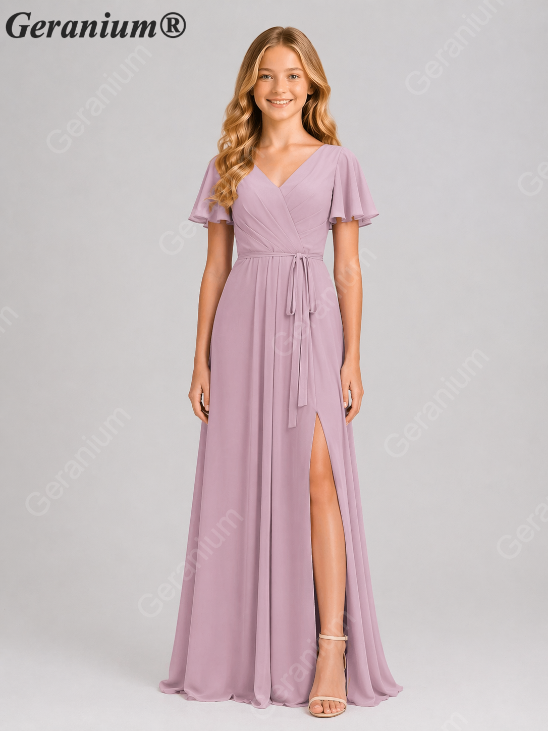 Geranium Elegant Chiffon V-Neck Flutter Sleeve Junior Bridesmaid Dress with Side Slit KD-310