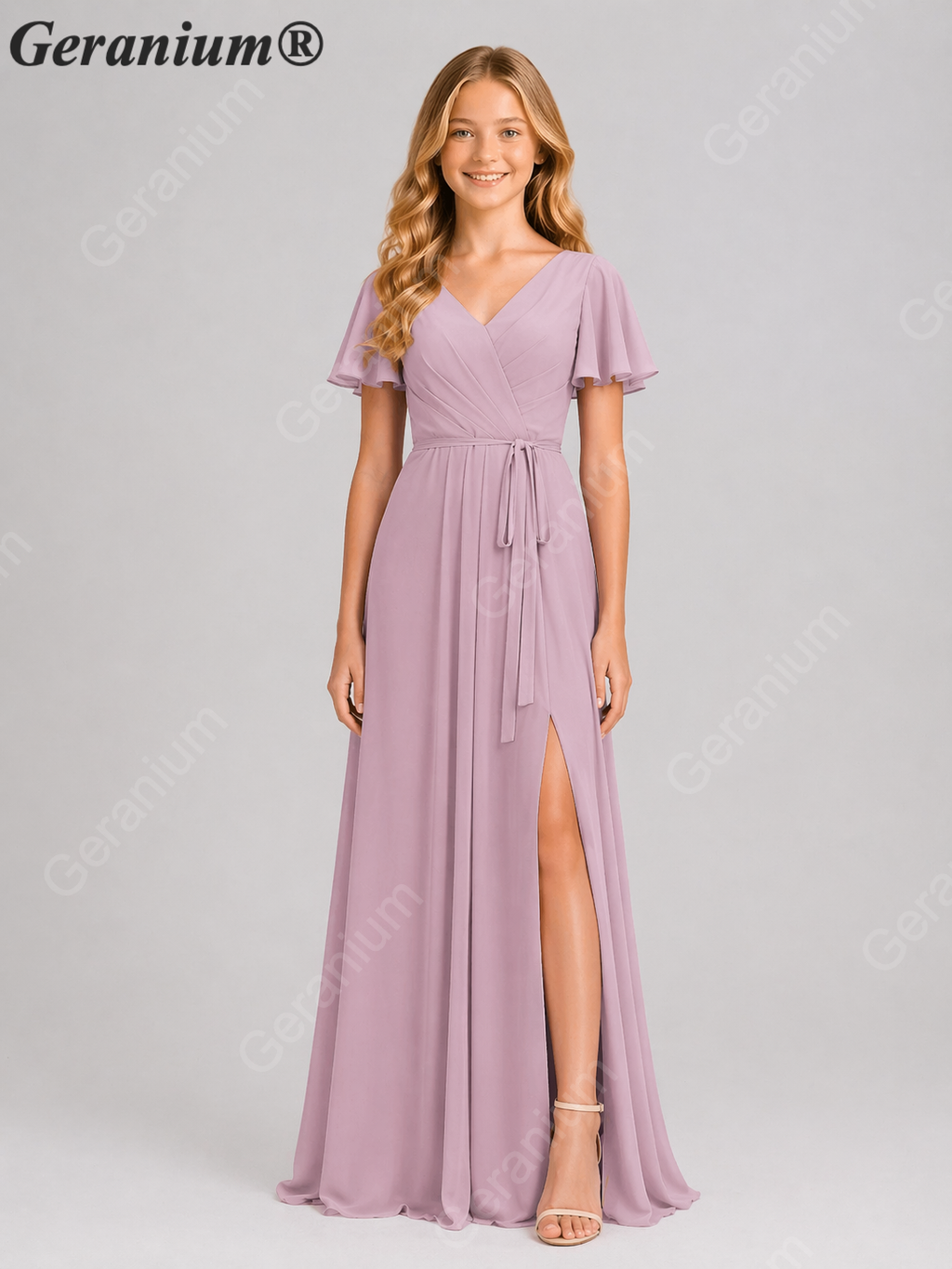 Geranium Elegant Chiffon V-Neck Flutter Sleeve Junior Bridesmaid Dress with Side Slit KD-310