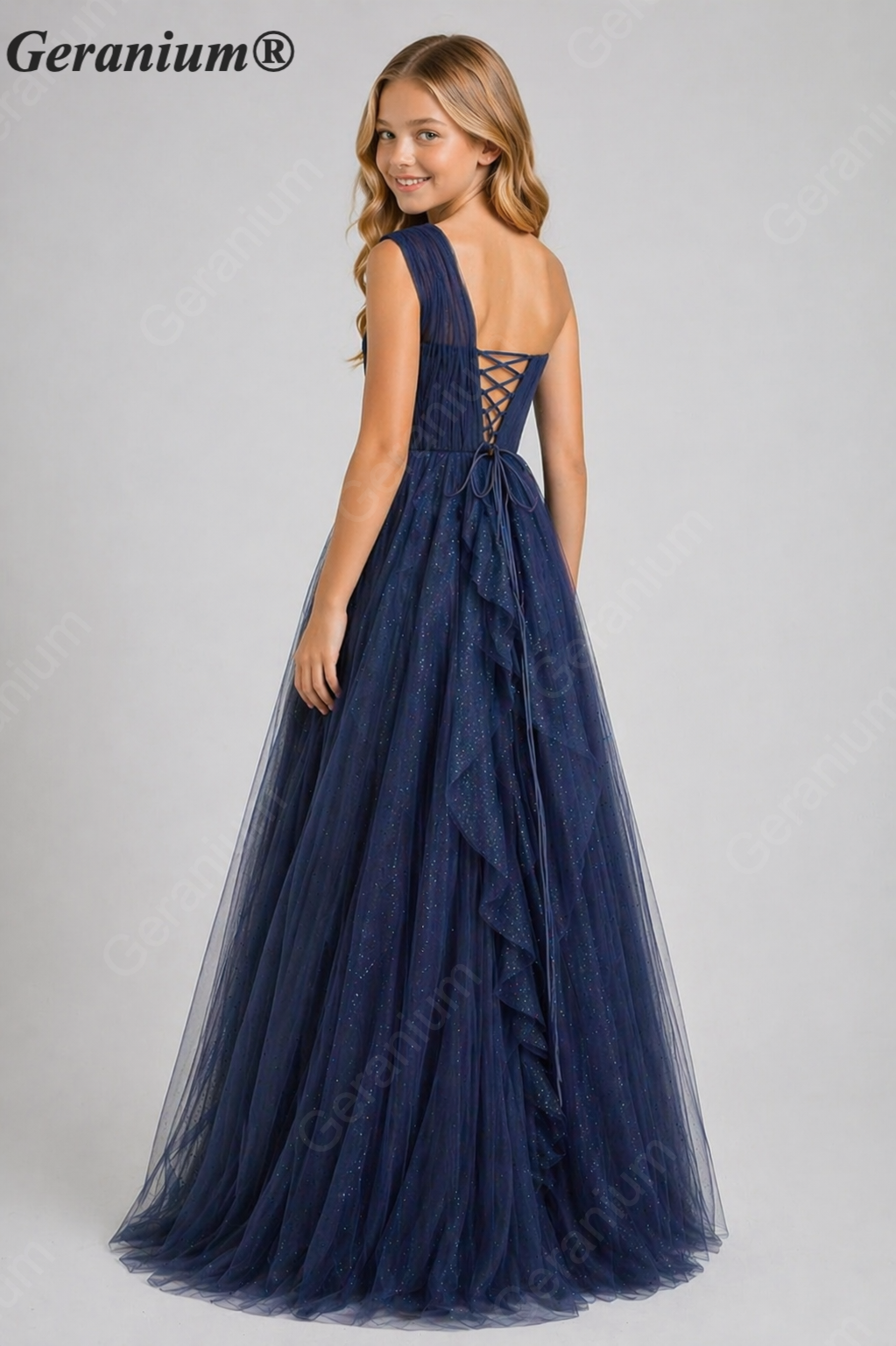 Geranium Junior Girls One-Shoulder Glitter Tulle Long Formal Dress with Cascading Ruffles KD-342
