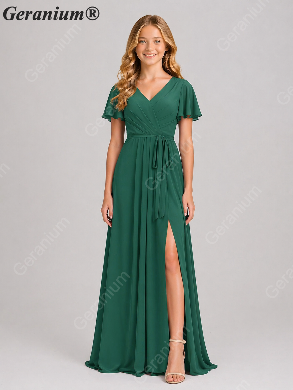 Geranium Elegant Chiffon V-Neck Flutter Sleeve Junior Bridesmaid Dress with Side Slit KD-310