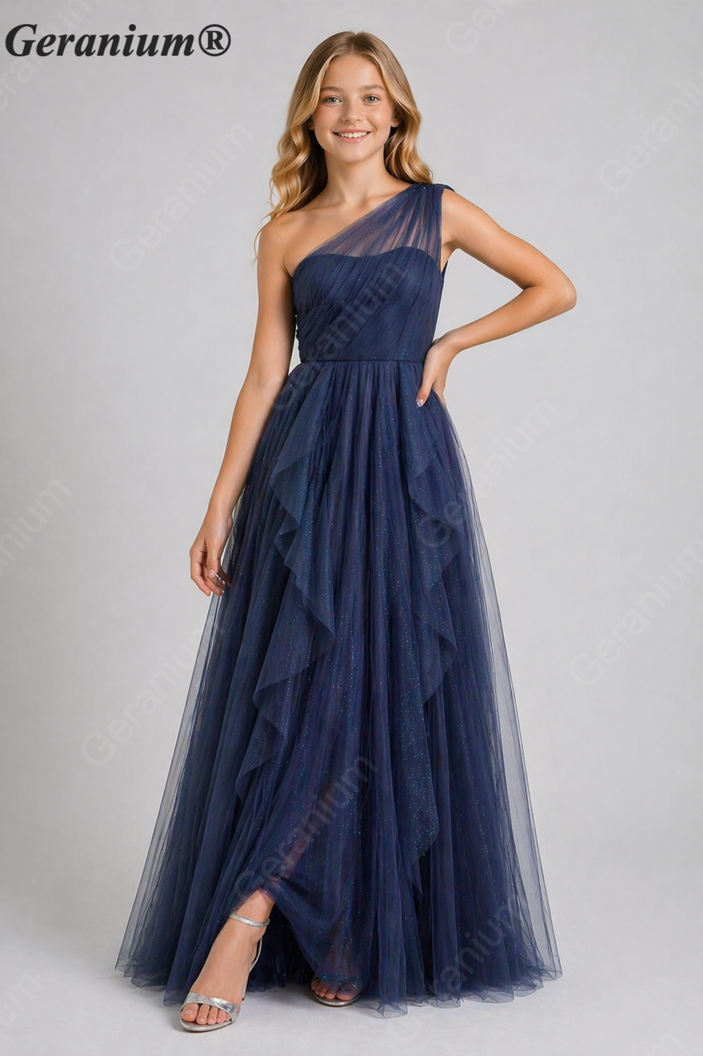Geranium Junior Girls One-Shoulder Glitter Tulle Long Formal Dress with Cascading Ruffles KD-342