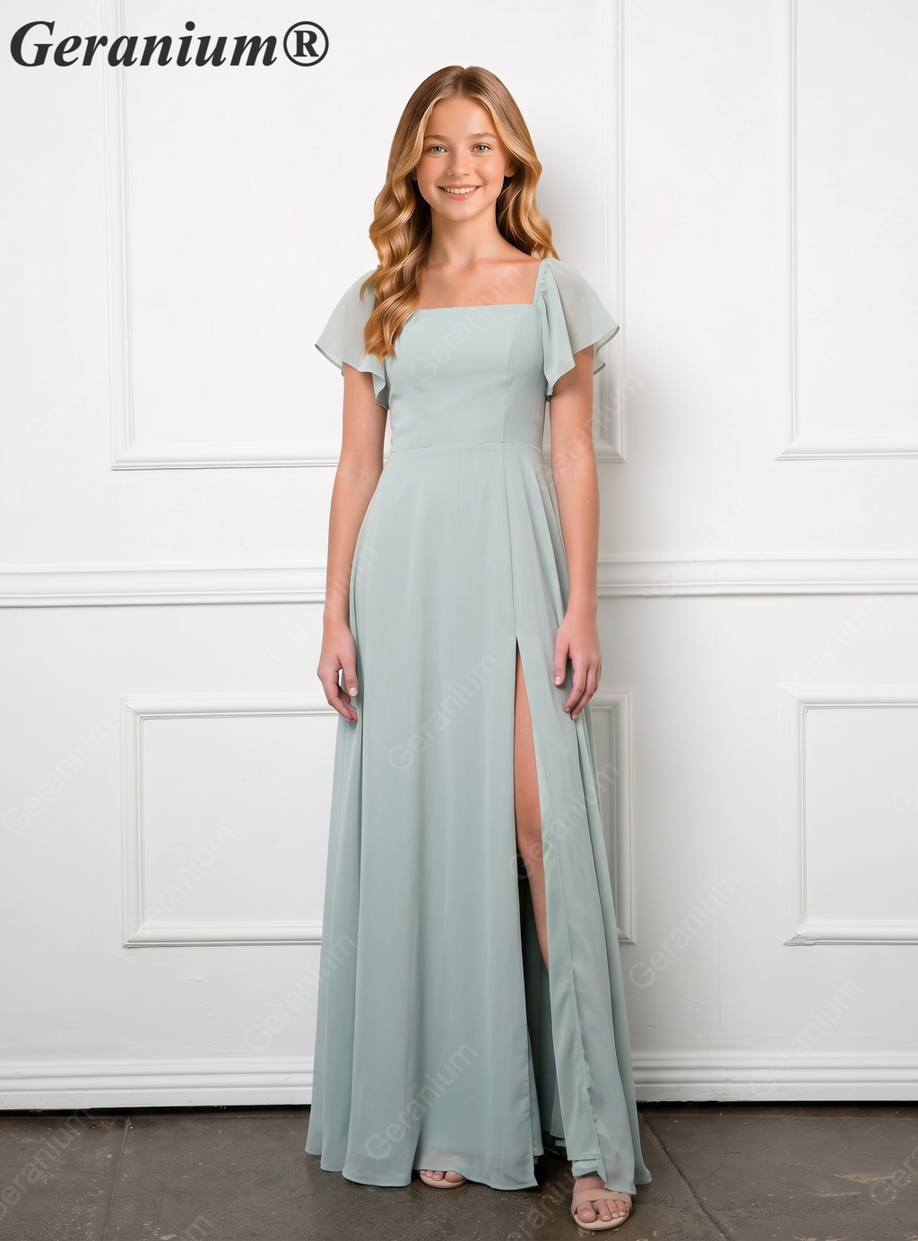 Geranium Elegant Chiffon Square Neck Junior Bridesmaid Dress with Flutter Sleeves & Slit KD-308