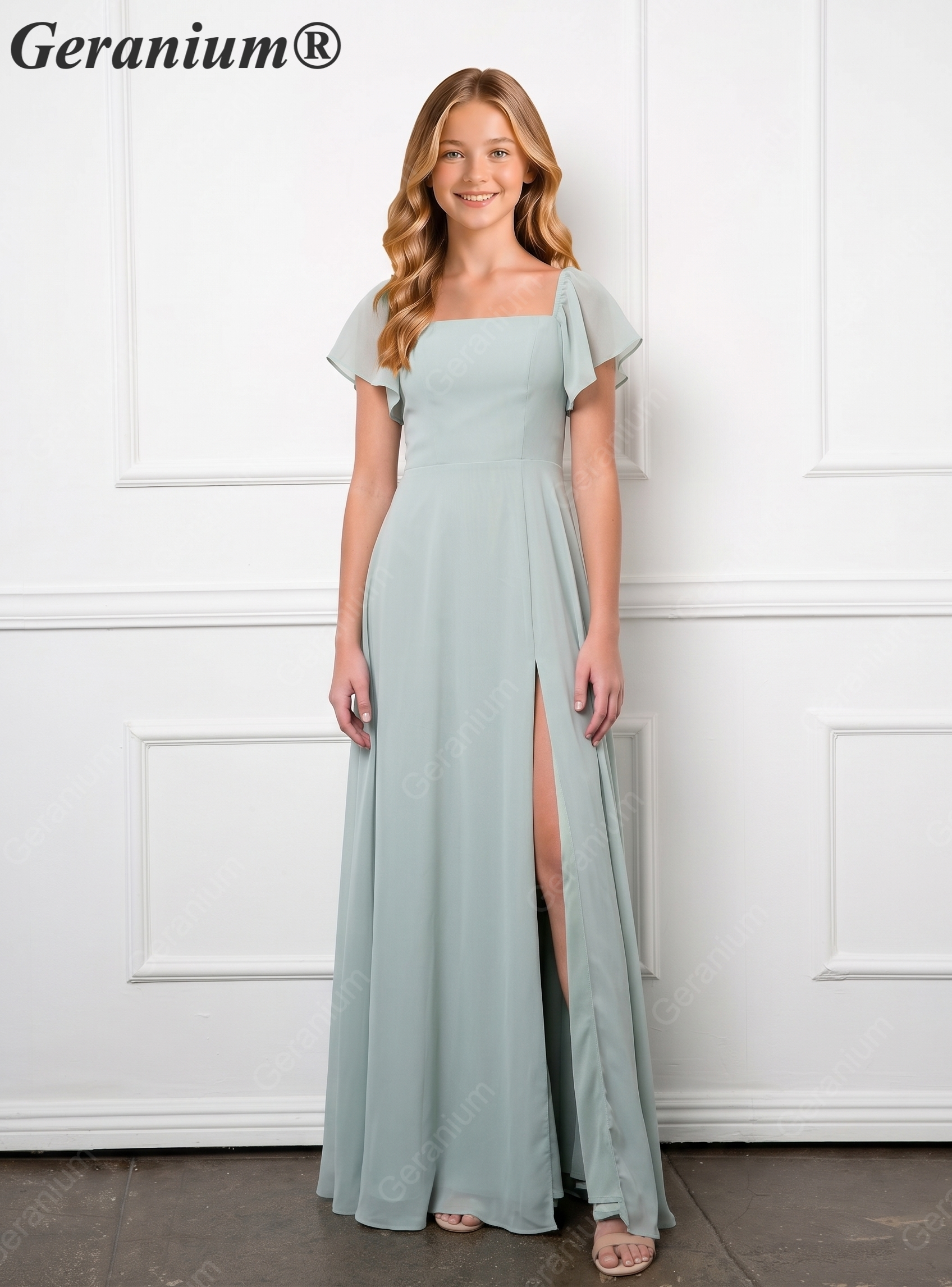 Geranium Elegant Chiffon Square Neck Junior Bridesmaid Dress with Flutter Sleeves & Slit KD-308