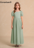 Geranium Sage Green Chiffon Flower Girl Dress with Puff Sleeves - Square Neck Junior Bridesmaid Party Gown KD-178