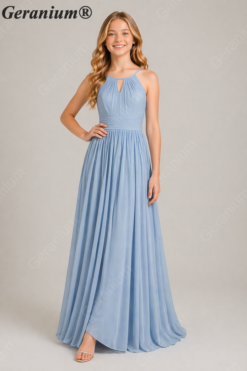 Geranium Elegant Dusty Blue Chiffon Halter Junior Bridesmaid Dress with Keyhole KD-326 Secondary image