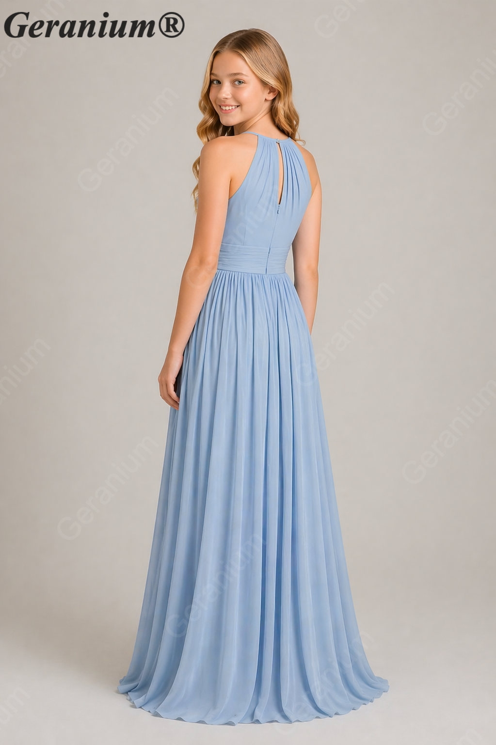 Geranium Elegant Chiffon Junior Bridesmaid Dress with Ruched Keyhole V-Neck & Spaghetti Straps – KD-326 Secondary image