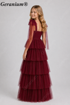 Geranium Elegant Burgundy Tiered Tulle Junior Bridesmaid Dress with Bow Straps KD-347