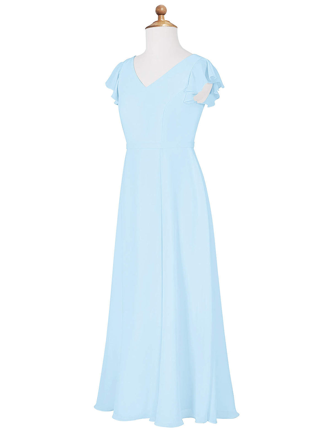 Geranium Light Blue Junior Bridesmaid Dress with Flutter Sleeves V-Neck Chiffon Floor-Length Dress with Slit KD-84