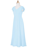 Geranium Light Blue Junior Bridesmaid Dress with Flutter Sleeves V-Neck Chiffon Floor-Length Dress with Slit KD-84
