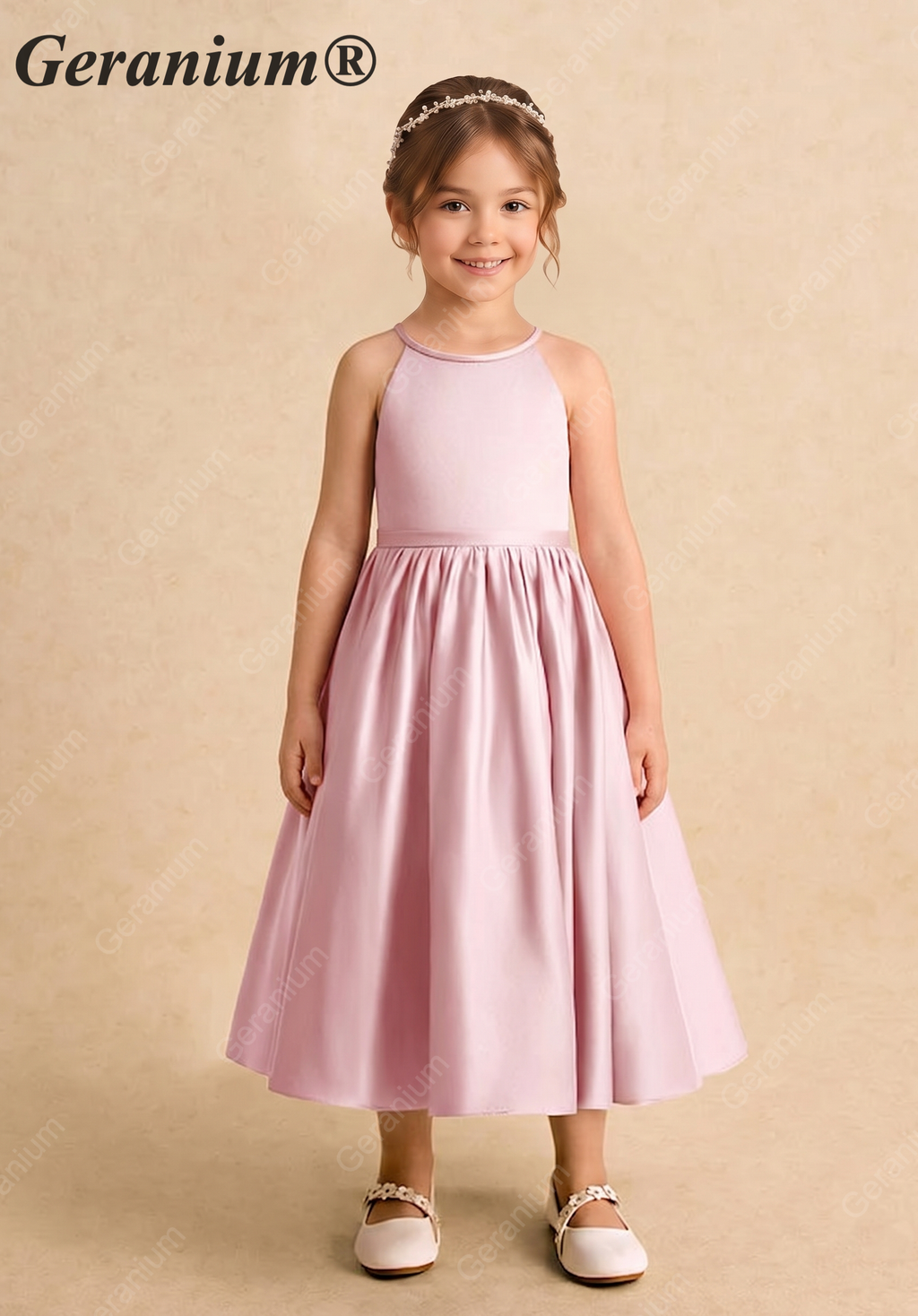 Geranium Elegant Pink Satin Flower Girl Dress - Halter Neck A-Line Junior Bridesmaid Gown with Open Back Bow KD-264