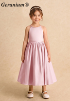 Geranium Elegant Pink Satin Flower Girl Dress - Halter Neck A-Line Junior Bridesmaid Gown with Open Back Bow KD-264