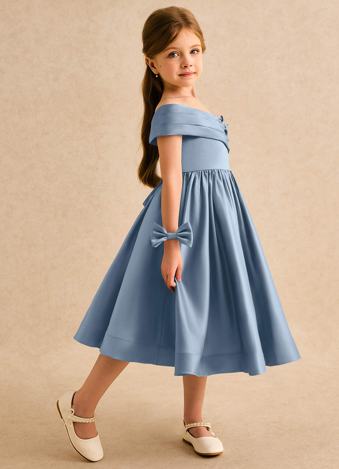 Garanium deedee ball gown off the shoulder matte satin tea length flower girl dress