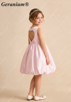 Geranium Girl's Pink Satin Flower Girl Dress - Sweet Heart Cut-Out Back Bubble Hem Party Gown KD-226