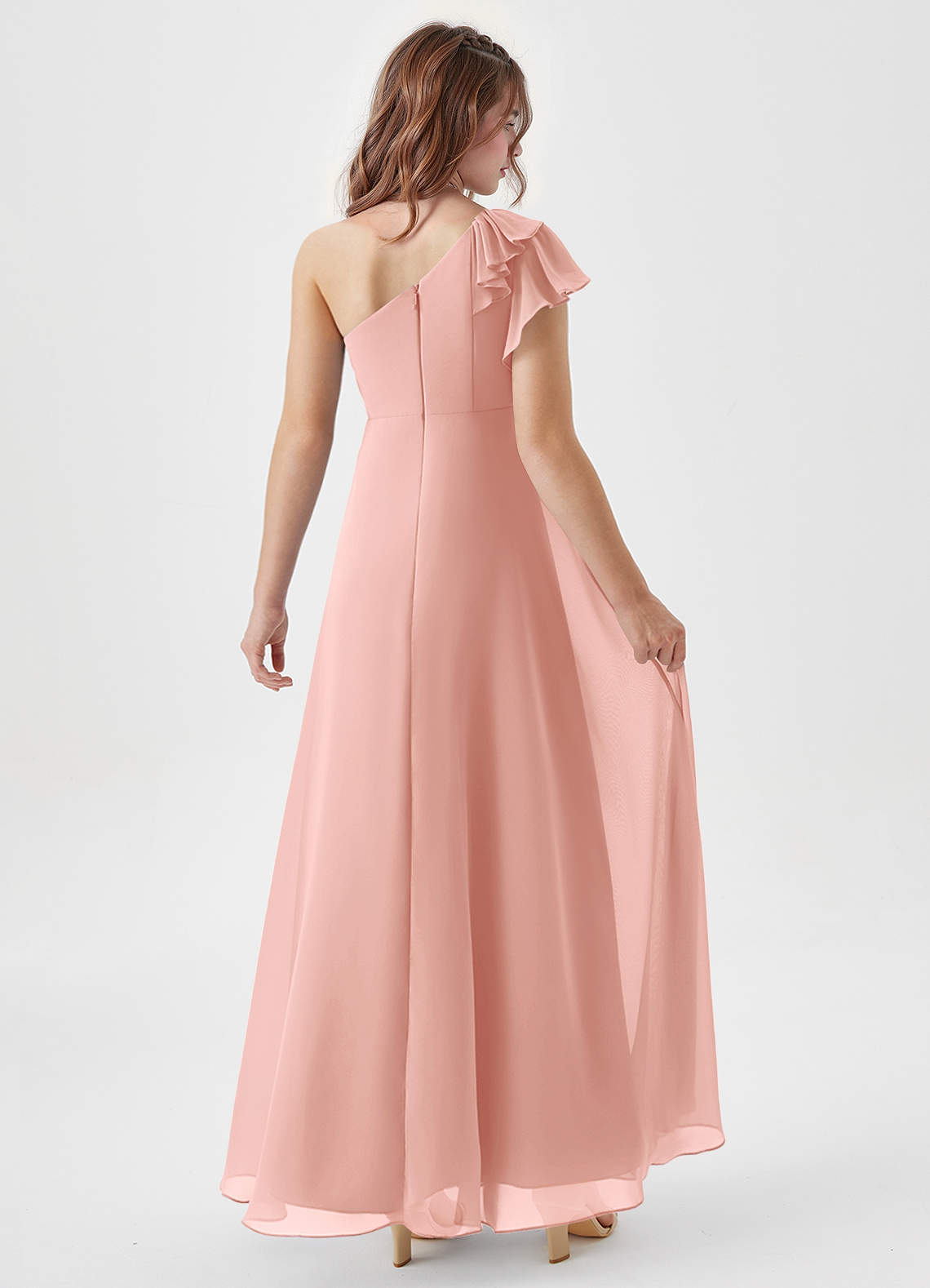 Geranium One Shoulder Chiffon Bridesmaid Dress with Ruffle Detail A-Line Floor Length Elegant Formal Gown KD-68