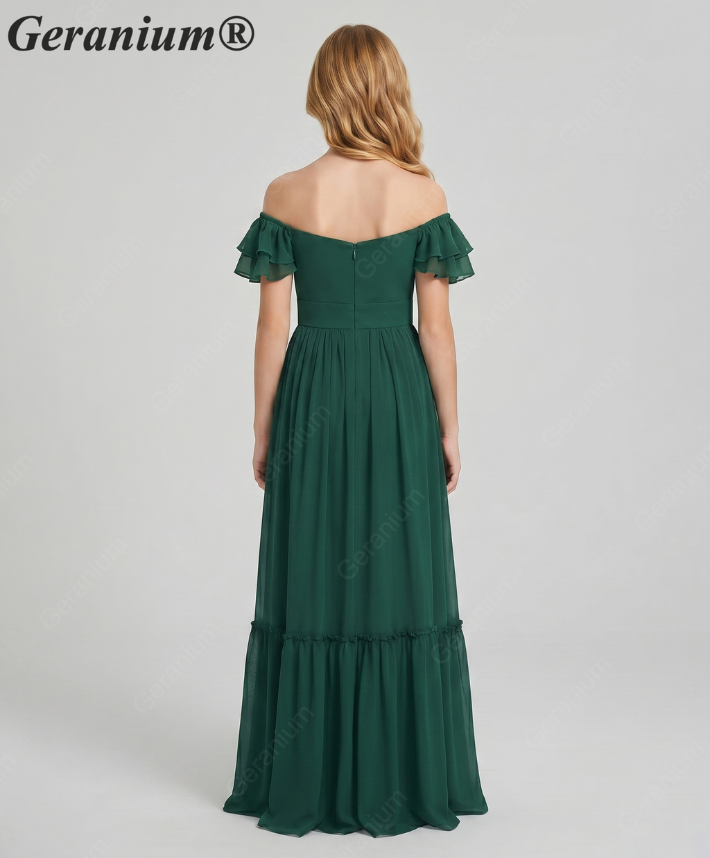 Geranium unior Dark Green Chiffon Ruffled Off-the-Shoulder Bridesmaid Maxi Dress with Tiered Hem KD-327