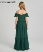 Geranium unior Dark Green Chiffon Ruffled Off-the-Shoulder Bridesmaid Maxi Dress with Tiered Hem KD-327