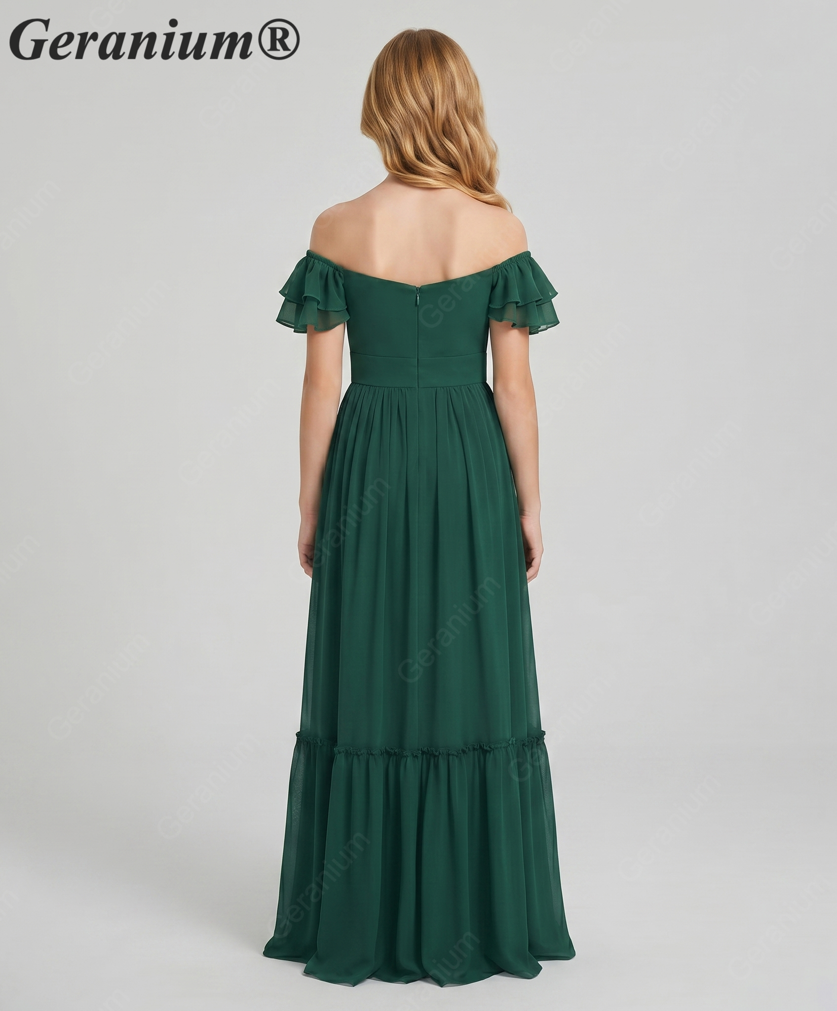 Geranium unior Dark Green Chiffon Ruffled Off-the-Shoulder Bridesmaid Maxi Dress with Tiered Hem KD-327
