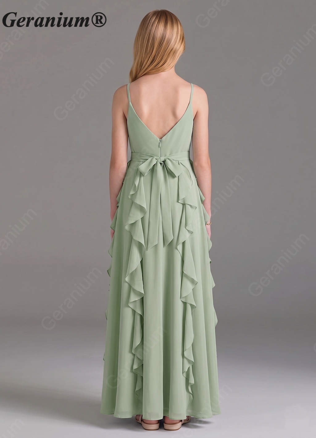 Geranium Sage Green Chiffon Junior Bridesmaid Dress with Ruffle Skirt – Spaghetti Strap V-Neck Teen Formal Dress KD-57
