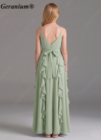 Geranium Sage Green Chiffon Junior Bridesmaid Dress with Ruffle Skirt – Spaghetti Strap V-Neck Teen Formal Dress KD-57