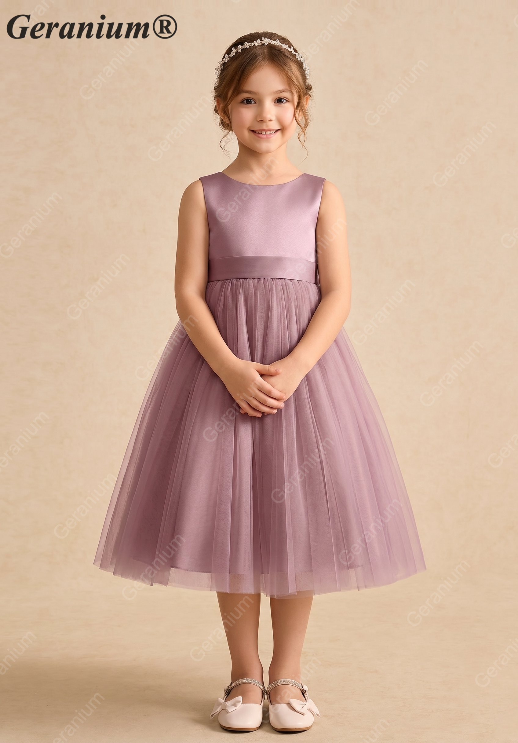 Geranium Elegant Girls' Mauve Satin & Tulle Party Dress with Oversized Detachable Back Bow KD-185 Secondary image