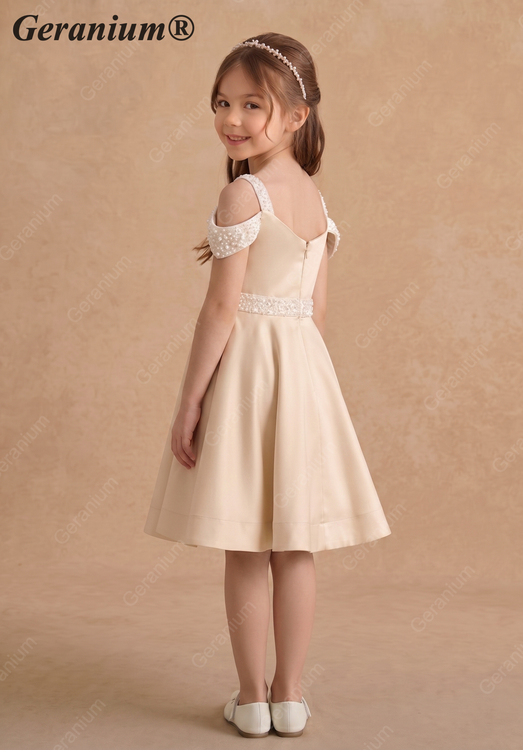 Geranium Girls' Champagne Matte Satin Cold Shoulder Flower Girl Dress with Beaded Sequin Waistband KD-250