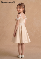 Geranium Girls' Champagne Matte Satin Cold Shoulder Flower Girl Dress with Beaded Sequin Waistband KD-250
