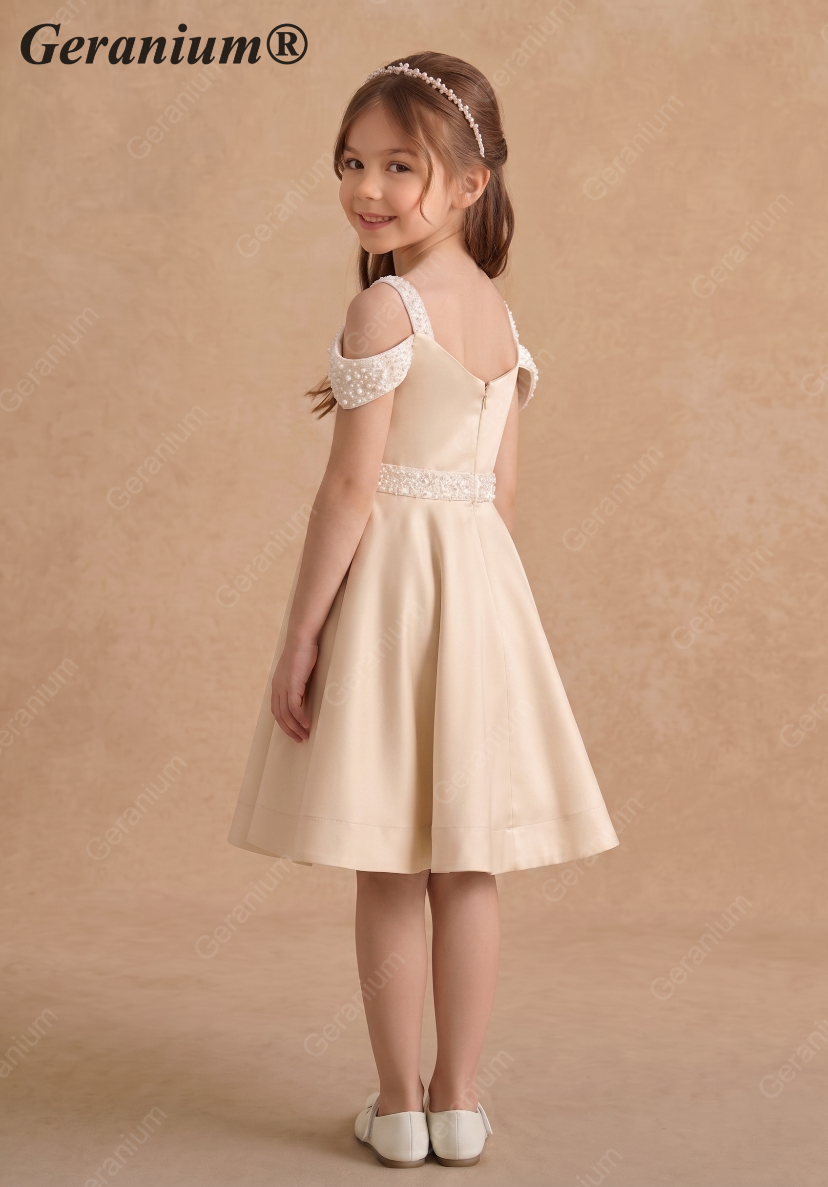 Geranium Girls' Champagne Matte Satin Cold Shoulder Flower Girl Dress with Beaded Sequin Waistband KD-250