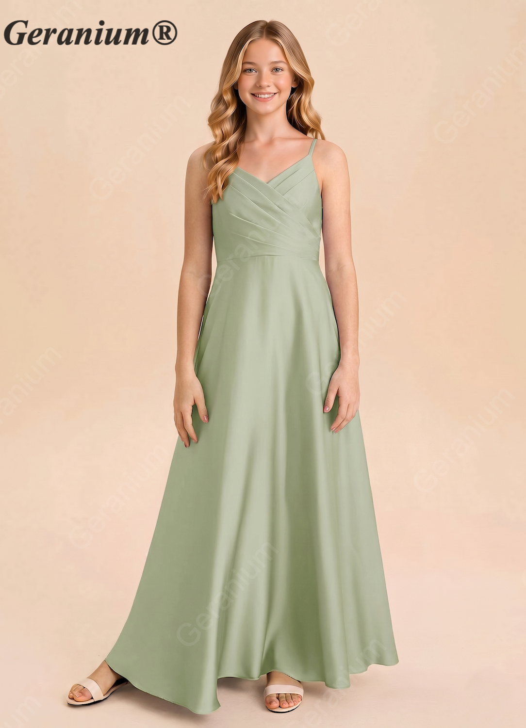 Geranium Sage Green A-Line Satin Bridesmaid Dress with Draped Back & Spaghetti Straps KD-62