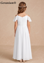 Geranium Cold Shoulder Chiffon Flower Girl Dress with Ruched V-Neck Bodice KD-260