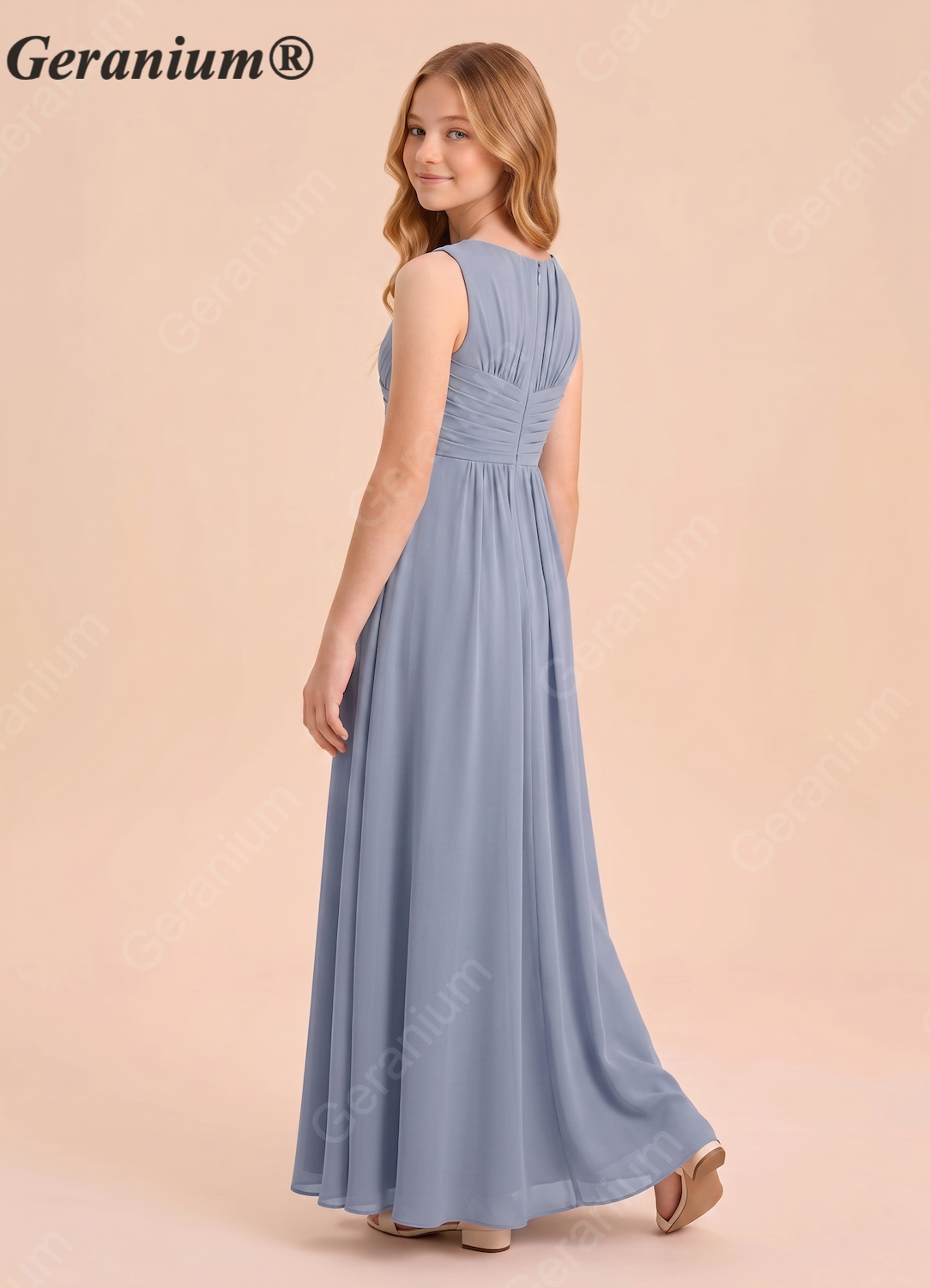 Geranium Dusty Blue Chiffon Junior Bridesmaid Dress – Sleeveless Ruched Bodice A-Line Floor Length Formal Dress KD-80