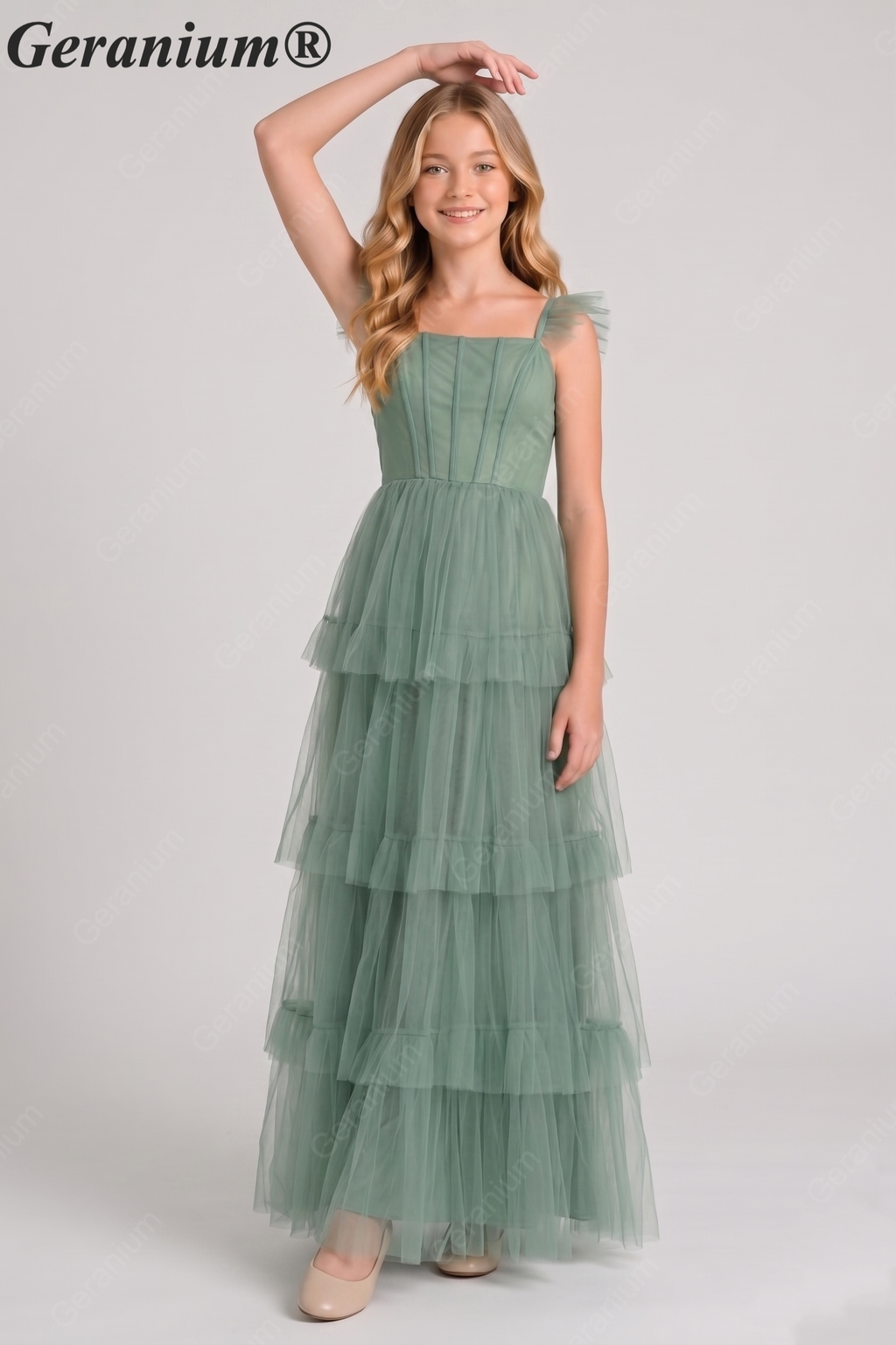 Geranium Fairy-tale Square Neck Tiered Tulle Gown with Corset Bodice for Bridesmaid & Prom KD-325