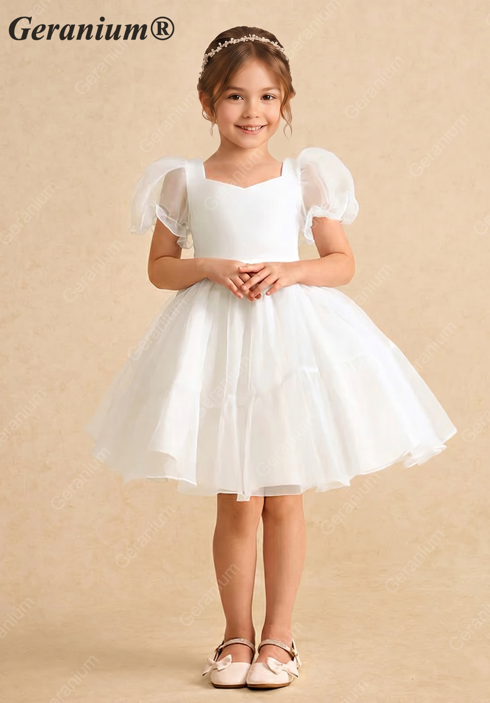 Geranium Heart Back Puff Sleeve Flower Girl Dress - Elegant Tulle Princess Party Gown KD-294