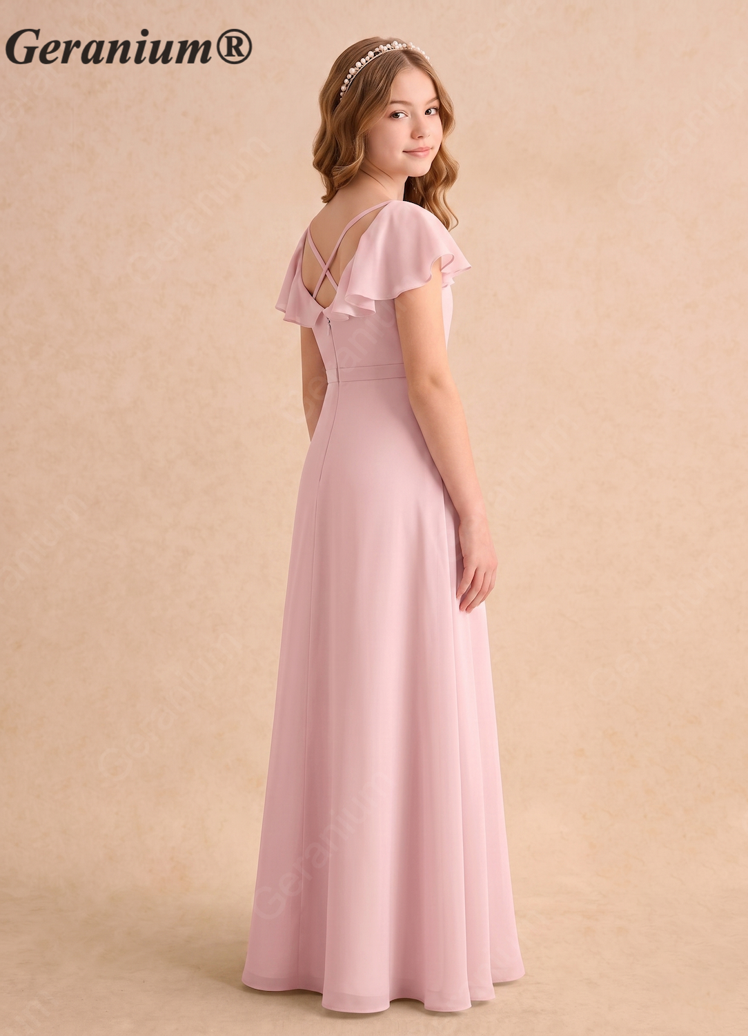 Geranium Elegant Chiffon Junior Bridesmaid Dress with Flutter Sleeves & Pleated V-Neck KD-147 Secondary image