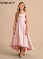 Geranium Elegant Satin High-Low Flower Girl Dress with Oversized Back Bow - Pleated Bodice KD-266