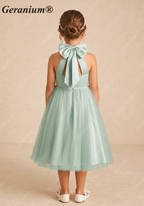 Geranium Elegant Sage Green Halter Flower Girl Dress with Statement Bow Back & Tulle Skirt KD-205