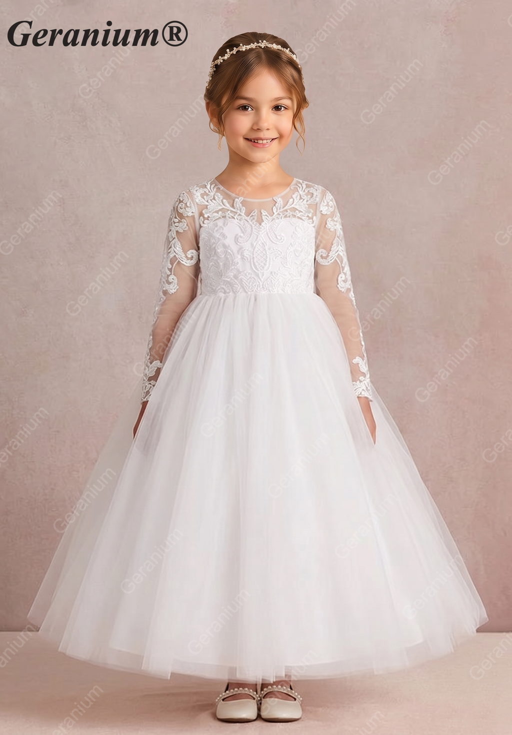 Geranium Elegant Lace Long Sleeve Flower Girl Dress with Oversized Back Bow & Tulle Train KD-208