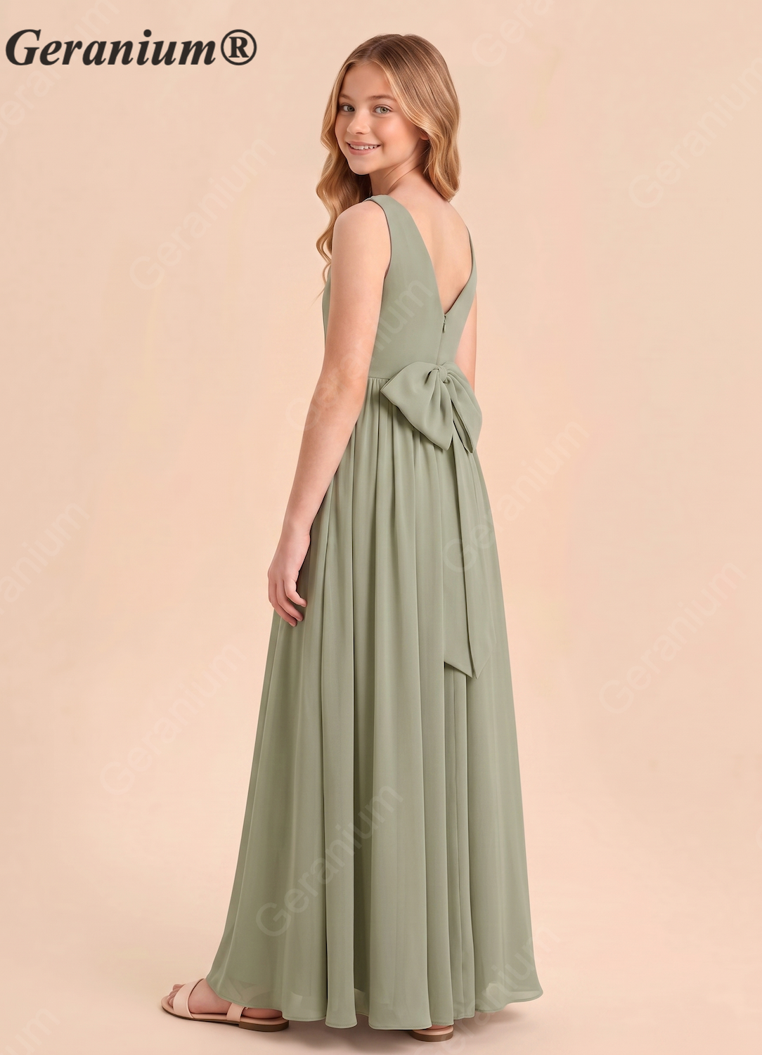 Geranium Elegant Sage Green Chiffon Floor-Length Bridesmaid Dress - V-Neck A-Line Gown with Large Back Bow, for Weddings and Formal Occasions KD-73