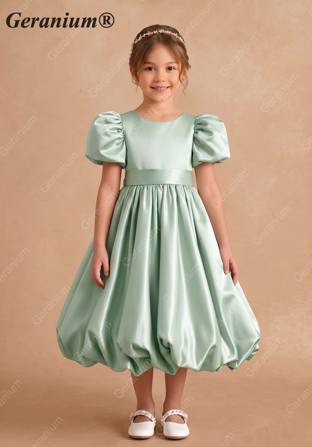 Geranium Elegant Sage Green Bubble Hem Flower Girl Dress with Puff Sleeves & Oversized Back Bow KD-241