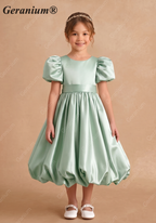 Geranium Elegant Sage Green Bubble Hem Flower Girl Dress with Puff Sleeves & Oversized Back Bow KD-241