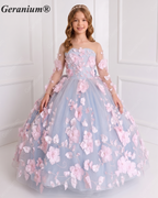 Geranium Junior Bridesmaid & Pageant Gown: Sky Blue 3D Floral Cathedral Train Dress KD-378