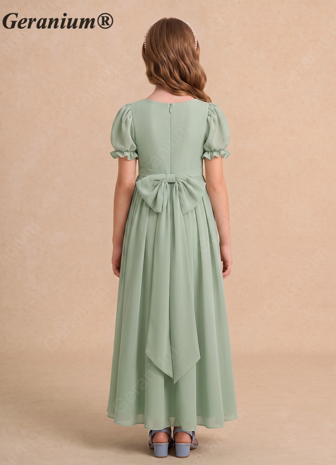 Geranium Sage Green Chiffon Flower Girl Dress with Puff Sleeves - Square Neck Junior Bridesmaid Party Gown KD-178