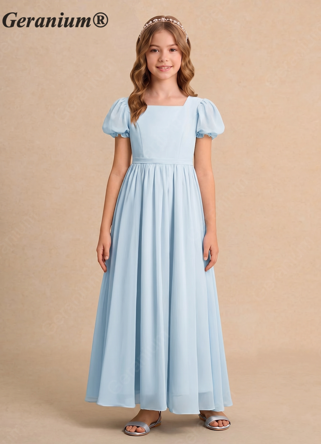 Geranium Dusty Blue Chiffon Junior Bridesmaid Dress with Puff Sleeves & Bow Back Tie KD-134