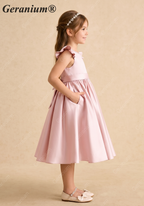Geranium Elegant Pearl Back Satin Flower Girl Dress with Oversized Bow - Flutter Sleeve Princess Gown KD-229