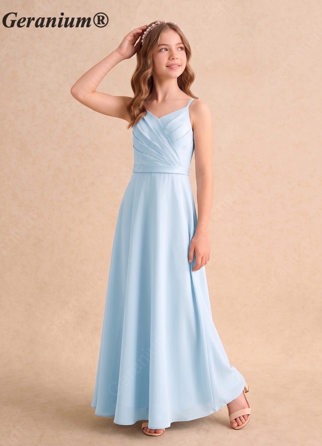 Geranium Elegant Pleated V-Neck Chiffon Junior Bridesmaid Dress with Criss-Cross Back KD-130