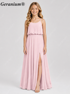 Geranium Elegant Chiffon Spaghetti Strap Junior Bridesmaid Dress with Leg Slit KD-314