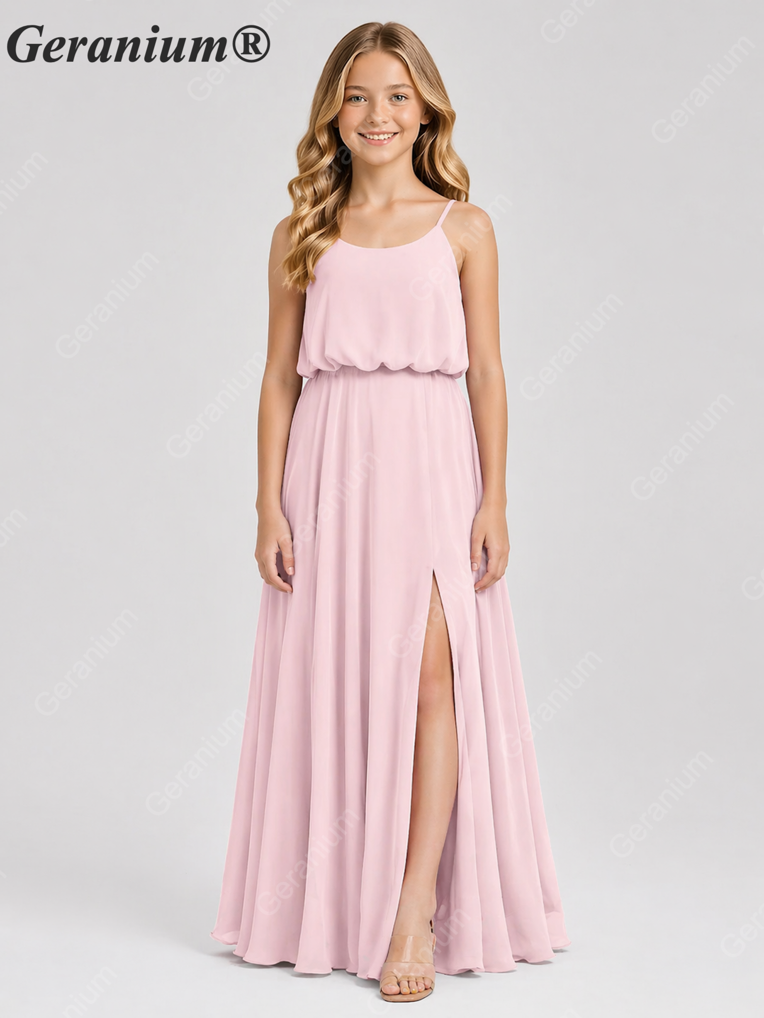 Geranium Elegant Chiffon Spaghetti Strap Junior Bridesmaid Dress with Leg Slit KD-314